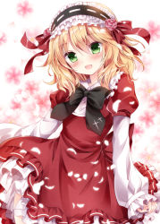 Rule 34 | 10s, 1girl, :d, arms at sides, black bow, black bowtie, blonde hair, blush, bow, bowtie, buttons, collar, contrapposto, cowboy shot, dress, eyebrows, floral background, flower, frilled collar, frilled dress, frilled shirt collar, frilled sleeves, frills, green eyes, hair between eyes, hair ribbon, hairband, head tilt, hip focus, idolmaster, idolmaster cinderella girls, layered sleeves, lolita hairband, long sleeves, looking at viewer, nogi takayoshi, open mouth, petals, pink flower, puffy short sleeves, puffy sleeves, red dress, red ribbon, ribbon, sakurai momoka, shiny skin, shirt, short hair, short over long sleeves, short sleeves, sleeves past wrists, smile, solo, standing, tareme, thighs, white shirt