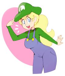 Rule 34 | 1girl, :d, blonde hair, blue eyes, blue overalls, breasts, cosplay, cropped legs, cutegraphite, eyelashes, green hat, green shirt, hair tie, hand up, hat, leaning forward, long hair, long sleeves, looking at viewer, luigi, luigi (cosplay), mario (series), medium breasts, nintendo, notice lines, open hands, open mouth, overalls, palms, pink background, pocket, ponytail, princess peach, salute, shirt, smile, solo, super mario bros. 1, teeth, thighs, upper teeth only, white background