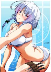 Rule 34 | 1girl, ahoge, ass, bare shoulders, bikini, blue background, blue eyes, blush, braid, breasts, cleavage, clock, clock hands, collarbone, commentary request, eyelashes, frilled swimsuit, frills, green ribbon, hair ribbon, head tilt, holster, izayoi sakuya, knife, large breasts, lips, looking at viewer, navel, open mouth, ribbon, roman numeral, shiny skin, side braid, sidelocks, silver hair, solo, standing, stomach, swimsuit, tatsuya (guild plus), thigh holster, thighs, touhou, tress ribbon, twin braids, twintails, white bikini