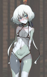 Rule 34 | 1girl, absurdres, arms behind back, bare shoulders, bikini, black bikini, blue eyes, blue ribbon, blurry, blurry background, blush, breasts, cameltoe, closed mouth, collarbone, cowboy shot, depth of field, frown, gggg, gluteal fold, hair ribbon, head tilt, highres, konno junko, long hair, looking at viewer, low twintails, medium breasts, micro bikini, navel, nose blush, patchwork skin, ribbon, silver hair, solo, stomach, string bikini, swimsuit, twintails, undead, very long hair, zombie, zombie girl, zombie land saga