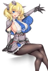 Rule 34 | 1girl, ;d, anchor, arm up, black pantyhose, blonde hair, blue dress, blue eyes, blue necktie, braid, breasts, capelet, collared dress, colorado (kancolle), crossed legs, dress, elbow gloves, french braid, gloves, hat, headgear, highres, kantai collection, large breasts, looking at viewer, necktie, one eye closed, open mouth, pantyhose, shirokuma a, short hair, sideboob, simple background, sitting, sleeveless, sleeveless dress, smile, solo, white background