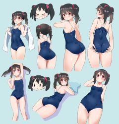 Rule 34 | &gt; &lt;, 1girl, :d, :o, > <, adjusting clothes, adjusting swimsuit, aqua background, arm above head, ass, bare arms, bare legs, black hair, blue background, blue one-piece swimsuit, competition school swimsuit, hair ornament, hair scrunchie, highres, kickboard, kurokawa makoto, looking at viewer, love live!, love live! school idol project, lying, multiple views, on stomach, one-piece swimsuit, open mouth, red eyes, school swimsuit, scrunchie, simple background, smile, swimsuit, twintails, xd, yazawa nico