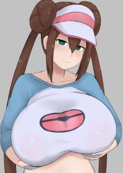Rule 34 | 1girl, aqua eyes, breast hold, breasts, brown hair, collarbone, creatures (company), double bun, game freak, grabbing own breast, grey background, hair bun, highres, huge breasts, long hair, long sleeves, looking at viewer, nao (ritsancrossover), nintendo, pokemon, pokemon bw2, rosa (pokemon), shirt, smile, solo, twintails, upper body, visor cap