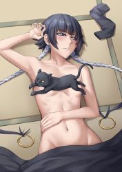 Rule 34 | 2girls, armpits, black hair, bleach, blue eyes, blush, breasts, cat, closed mouth, completely nude, embarrassed, groin, highres, long hair, looking at viewer, lying, multiple girls, navel, nude, on back, on floor, on person, one eye closed, sakuya (liao kj), shihouin yoruichi, small breasts, sui-feng, twintails