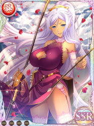 Rule 34 | 1girl, arrow (projectile), bare shoulders, bow (weapon), breasts, cleavage, cleavage cutout, clothing cutout, dark skin, dark-skinned female, detached sleeves, dress, garter belt, garter straps, gloves, koihime musou, kougai, large breasts, light purple hair, long hair, looking at viewer, mole, mole under mouth, pelvic curtain, petals, ponytail, sidelocks, single glove, sleeveless, smile, solo, thighhighs, very long hair, weapon