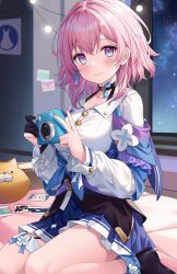 Rule 34 | 1girl, black footwear, black gloves, blue eyes, blue skirt, breasts, camera, closed mouth, collared shirt, commentary, dress shirt, english commentary, full body, gloves, hair between eyes, highres, hitsukuya, holding, holding camera, honkai: star rail, honkai (series), jacket, long sleeves, looking at viewer, march 7th (honkai: star rail), medium breasts, night, night sky, partially fingerless gloves, pink hair, pleated skirt, purple eyes, shirt, shoes, single glove, sitting, skirt, sky, smile, solo, star (sky), stuffed toy, tied jacket, white shirt, window