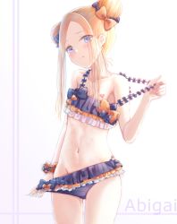 Rule 34 | 1girl, abigail williams (emerald float) (fate), abigail williams (fate), bare arms, bikini, bikini pull, black bikini, black bow, blonde hair, blue eyes, blush, bow, breasts, character name, closed mouth, clothes pull, collarbone, commentary request, emerald float, fate/grand order, fate (series), fingernails, forehead, groin, hair bow, head tilt, heart, highres, kinom (sculpturesky), long hair, looking at viewer, navel, official alternate costume, orange bow, orange scrunchie, parted bangs, polka dot, polka dot bow, pulled by self, scrunchie, sidelocks, small breasts, solo, strap pull, swimsuit, undressing, white background, wrist scrunchie