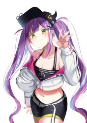 Rule 34 | &gt;:), 1girl, abi (abimel10), black camisole, black hat, black shorts, blush, breasts, cabbie hat, camisole, cleavage, closed mouth, cowboy shot, crop top, fake horns, green eyes, green nails, hair ornament, hairclip, hand up, hat, highres, hololive, horned headwear, horns, jacket, long sleeves, looking at viewer, medium breasts, midriff, multicolored hair, multicolored nails, nail polish, navel, off shoulder, pink hair, puffy long sleeves, puffy sleeves, purple hair, purple nails, short shorts, shorts, simple background, sleeves past wrists, smile, solo, streaked hair, tokoyami towa, twintails, v-shaped eyebrows, virtual youtuber, white background, white jacket