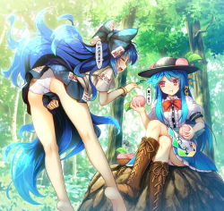 Rule 34 | 3girls, :d, :t, ^ ^, absurdly long hair, ass, barefoot, basket, behind tree, black headwear, blonde hair, blue bow, blue hair, blue skirt, blush, boots, bow, bracelet, chima q, closed eyes, commentary request, cross-laced footwear, crossed legs, debt, drill hair, eating, closed eyes, eyewear on head, food, forest, fruit, full body, hair bow, hat, hat leaf, highres, hinanawi tenshi, holding, holding food, holding fruit, jewelry, kneepits, leaning forward, long hair, looking at another, mini hat, mini top hat, multiple girls, nature, open mouth, outdoors, panties, pantyshot, peach, pink panties, puffy short sleeves, puffy sleeves, reaching, red bow, red eyes, red neckwear, rock, round eyewear, shirt, short sleeves, sideways mouth, sitting, skirt, smile, standing, sunglasses, tiptoes, top hat, touhou, translation request, tree, twin drills, underwear, very long hair, when you see it, white panties, white shirt, yorigami jo&#039;on, yorigami shion