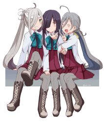 Rule 34 | 10s, 3girls, ahoge, arm around neck, arm hug, asashimo (kancolle), blue bow, blue hair, blue neckwear, blush, boots, bow, bowtie, commentary request, cross-laced footwear, dress, closed eyes, full body, girl sandwich, green eyes, grey hair, grey legwear, grin, hair between eyes, hair over one eye, hayashimo (kancolle), headband, highres, hime cut, kantai collection, kiyoshimo (kancolle), lace-up boots, long hair, long sleeves, low twintails, multicolored hair, multiple girls, open mouth, pantyhose, ponytail, purple eyes, purple hair, riz (ravel dc), sandwiched, school uniform, sharp teeth, shirt, sitting, sleeveless, sleeveless dress, smile, teeth, tumblr username, twintails, v, very long hair, white background, white shirt