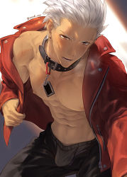 Rule 34 | 1boy, abs, archer (fate), bara, bare pectorals, black male underwear, black pants, blush, brown eyes, bulge, collar, dark-skinned male, dark skin, fate/grand order, fate/stay night, fate (series), highres, jacket, large pectorals, looking at viewer, male focus, male underwear, mondi hl, muscular, muscular male, navel, nipples, official alternate costume, one eye closed, open clothes, open jacket, open mouth, open pants, pants, pectorals, red jacket, short hair, solo, twitter username, underwear, white hair