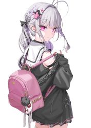 Rule 34 | 1girl, antenna hair, backpack, bag, bare shoulders, black jacket, braid, breasts, closed mouth, commentary request, dress, frilled sailor collar, frills, from behind, grey hair, hair intakes, hair ornament, hairclip, heart, heart-shaped pupils, highres, jacket, kanzarin, long hair, long sleeves, looking at viewer, looking back, multicolored hair, off shoulder, open clothes, open jacket, original, pink eyes, puffy long sleeves, puffy sleeves, purple hair, sailor collar, sailor dress, shinomiya kanna, sleeveless, sleeveless dress, sleeves past wrists, small breasts, smile, solo, symbol-shaped pupils, twintails, two-tone hair, white dress, white sailor collar