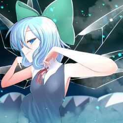 Rule 34 | 1girl, blue dress, blue eyes, blue hair, bow, cirno, cirno day, closed mouth, dress, fairy, green bow, hair bow, highres, ice, ice wings, kuresento, short hair, sleeveless, sleeveless dress, smug, solo, touhou, upper body, wings