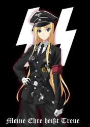 Rule 34 | 1girl, armband, aura, belt, belt buckle, bird, black background, black coat, black hat, black pants, blonde hair, blue eyes, breast pocket, breasts, buckle, buttons, clenched hands, coat, cowboy shot, cross, dagger, eagle, epaulettes, flag background, german clothes, german text, gloves, hand on own hip, hat, insignia, iron cross, jacket, jodhpurs, knife, long hair, looking at viewer, medal, medium breasts, military, military hat, military jacket, military uniform, nazi, necktie, pants, peaked cap, pocket, red armband, runes, schutzstaffel, shirt, skull and crossbones, solo, straight hair, translated, uniform, waffen-ss, weapon, white gloves, white shirt