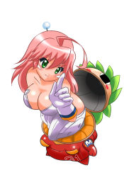 Rule 34 | 00s, 1girl, ahoge, bare shoulders, bodysuit, breasts, cleavage, finger wagging, from above, green eyes, highres, honda cb1000sf, index finger raised, kemeko, kemeko deluxe, large breasts, long hair, long image, mm, pale skin, pink hair, robot, smile, tall image, white background, white bodysuit