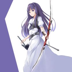 Rule 34 | 1girl, arm guards, arrow (projectile), belt, blue eyes, blue hair, bow (weapon), dress, highres, hirose sumire, holding, long hair, looking at viewer, matching hair/eyes, muneate, neckerchief, open mouth, quiver, sailor dress, saki (manga), solo, standing, wawawa (hisuterisisusa), weapon, white dress