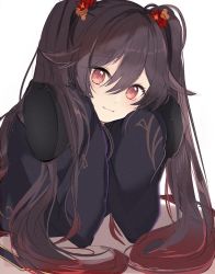 Rule 34 | 1girl, blush, brown hair, genshin impact, hair ornament, highres, hu tao (genshin impact), kagefumi, long hair, long sleeves, looking at viewer, red eyes, simple background, sleeves past wrists, solo, twintails, very long hair, white background