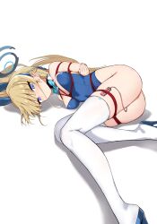 Rule 34 | 1girl, absurdres, animal ears, arms behind back, bdsm, blonde hair, blue archive, blue eyes, bondage, bound, bound arms, bound legs, bow, bowtie, breasts, commentary, high heels, highres, kinbakuman, leotard, long hair, looking at viewer, lying, medium breasts, on side, playboy bunny, rabbit ears, rope, sex toy, shibari, shibari over clothes, simple background, solo, thighhighs, toki (blue archive), toki (bunny) (blue archive), vibrator, white background