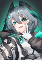 Rule 34 | 1girl, :d, absurdres, aqua background, aqua eyes, aqua nails, arknights, blush, breasts, dress, fangs, fingerless gloves, gloves, gradient background, grey hair, hand on own face, head wings, highres, ho&#039;olheyak (arknights), k@bu, large breasts, long sleeves, looking at viewer, nail polish, open mouth, short hair, smile, solo, upper body, white dress, white gloves, wings