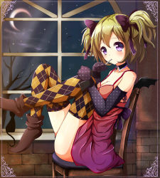 Rule 34 | 1girl, argyle, argyle clothes, argyle legwear, bat wings, blonde hair, blush, bow, candy, crescent moon, detached collar, dress, elbow gloves, food, gloves, hair bow, halloween, highres, legs up, lollipop, looking at viewer, moon, night, night sky, ok-ray, original, patterned legwear, polka dot, purple eyes, short hair, short twintails, sitting, sky, solo, star (sky), thighhighs, twintails, window, wings, wrist cuffs