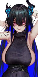 Rule 34 | 1girl, absurdres, armpits, arms up, asymmetrical horns, black hair, black nails, black sweater, blue hair, blush, breasts, colored inner hair, demon horns, highres, hololive, hololive english, horns, large breasts, long hair, looking at viewer, mole, mole under eye, multicolored hair, nail polish, nerissa ravencroft, open mouth, red eyes, soju ice, sweater, turtleneck, turtleneck sweater, very long hair, virtual youtuber