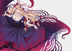 Rule 34 | 1girl, bad id, bad twitter id, blonde hair, breasts, choker, cleavage, corset, dress, elbow gloves, frills, from above, gloves, hat, large breasts, long hair, looking at viewer, mob cap, momendoufu, purple dress, purple eyes, solo, standing, touhou, very long hair, white gloves, yakumo yukari