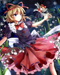 Rule 34 | 2girls, black shirt, black skirt, blonde hair, blue eyes, bow, commentary request, doll, fairy wings, flower, frilled shirt, frilled shirt collar, frills, gu hu, hair bow, hair ribbon, highres, holding, holding flower, leaf, lily of the valley, medicine melancholy, multiple girls, plant, puffy short sleeves, puffy sleeves, red bow, red ribbon, red shirt, red skirt, ribbon, shirt, short hair, short sleeves, skirt, smile, su-san, touhou, white bow, white flower, wings