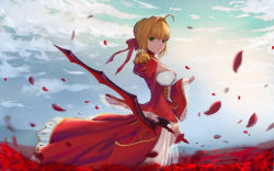 Rule 34 | 10s, 1girl, absurdres, ahoge, blonde hair, bow, braid, braided bun, breasts, cloud, corset, fate/extra, fate (series), flower, from side, green eyes, hair bow, hair bun, hair intakes, highres, holding, holding sword, holding weapon, huijin zhi ling, long skirt, long sleeves, looking at viewer, medium breasts, nero claudius (fate), nero claudius (fate) (all), nero claudius (fate/extra), outdoors, petals, red bow, red flower, red rose, red skirt, red sleeves, rose, rose petals, see-through, short hair, sideboob, skirt, sky, solo, standing, sword, weapon, wide sleeves