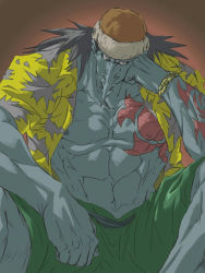 Rule 34 | 1boy, abs, arlong, bad id, bad pixiv id, black hair, blue skin, bomber hat, bracelet, chain, colored skin, conomi islands, frown, hat, hawaiian shirt, head rest, jewelry, long hair, long nose, male focus, manly, meta gun, monster boy, muscular, one piece, open clothes, open shirt, pointy nose, shark, shirt, shorts, sitting, solo, tattoo