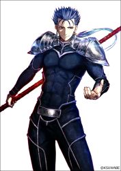 Rule 34 | 1boy, armor, belt, black border, blue bodysuit, blue hair, bodysuit, border, closed mouth, commentary request, contrapposto, cowboy shot, cu chulainn (fate), cu chulainn (fate/stay night), earrings, fate/stay night, fate (series), fingernails, gae bolg (fate), holding, holding weapon, jewelry, k-suwabe, lance, looking at viewer, male focus, pauldrons, polearm, ponytail, red eyes, shoulder armor, simple background, smile, solo, standing, twitter username, weapon, white background