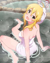 Rule 34 | 10s, 3girls, :d, ahoge, arm support, artist request, barefoot, blonde hair, closed eyes, feet, green eyes, hoshii miki, idolmaster, idolmaster (classic), idolmaster million live!, looking back, makabe mizuki, multiple girls, official art, one eye closed, onsen, open mouth, partially submerged, shijou takane, sitting, smile, towel, towel on head, water, wink