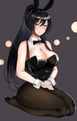 Rule 34 | 1girl, animal ears, bare arms, bare shoulders, black bow, black bowtie, black hair, black leotard, blush, bow, bowtie, breasts, brown hair, brown pantyhose, cleavage, closed mouth, collarbone, detached collar, fake animal ears, hair between eyes, hair ornament, hair tie, half-closed eyes, highres, idolmaster, idolmaster shiny colors, large breasts, leotard, long hair, looking at viewer, own hands together, pantyhose, playboy bunny, pnatsu, ponytail, rabbit ears, rabbit tail, seiza, shirase sakuya, sidelocks, simple background, sitting, solo, strapless, strapless leotard, tail, very long hair, wrist cuffs, yellow eyes