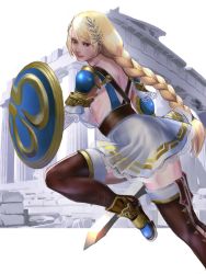 Rule 34 | 1girl, armor, armored boots, armored dress, blonde hair, blue eyes, boots, braid, dress, elbow pads, highres, holding, holding shield, holding sword, holding weapon, laurel crown, long braid, long hair, meke (77842928), namco, shield, shoulder pads, single braid, solo, sophitia alexandra, soul calibur, soulcalibur, soulcalibur vi, sword, thigh boots, thighhighs, weapon, white dress