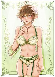 Rule 34 | 1girl, absurdres, ahoge, akira-tama, warrior of light (ff14), blush, bra, breasts, brown hair, cleavage, earrings, elezen, elf, feather hair ornament, feathers, final fantasy, final fantasy xiv, garter belt, green bra, green eyes, green garter belt, green nails, green panties, green thighhighs, hair ornament, highres, jewelry, large breasts, long hair, looking at viewer, nail polish, navel, panties, pendant, pointy ears, ponytail, smile, solo, thighhighs, underwear, underwear only