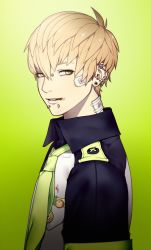 Rule 34 | 1boy, absurdres, badge, bandaid, bandaid on cheek, bandaid on face, bandaid on neck, blonde hair, blood, blood from mouth, blood on clothes, buttons, caedoll, collar, dramatical murder, ear piercing, gradient background, green background, green necktie, highres, labret piercing, lip piercing, looking at viewer, male focus, multicolored clothes, necktie, noiz (dramatical murder), nose piercing, parted lips, piercing, short hair, simple background, solo, upper body, yellow eyes