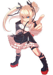 Rule 34 | 1girl, bare shoulders, black dress, black ribbon, black sleeves, blonde hair, blue eyes, boots, breasts, dead or alive, dead or alive 5, detached sleeves, dress, fingerless gloves, frilled dress, frills, gloves, hair ribbon, highres, long hair, long sleeves, looking at viewer, marie rose, panties, pointing, pointing at viewer, ribbon, sleeveless, sleeveless dress, small breasts, solo, tecmo, thigh strap, twintails, underwear, very long hair, white panties, yagi2013
