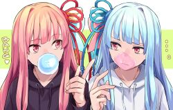 Rule 34 | ..., 2girls, black hoodie, blue hair, blue ribbon, blowing bubbles, chewing gum, closed mouth, english text, eye contact, food, food on face, furrowed brow, green background, hair ribbon, hand up, hood, hood down, hoodie, kotonoha akane, kotonoha aoi, long hair, long sleeves, looking at another, looking to the side, multiple girls, pink hair, red eyes, red ribbon, ribbon, side-by-side, sidelocks, toromera, two-tone background, upper body, voiceroid, white background, white hoodie