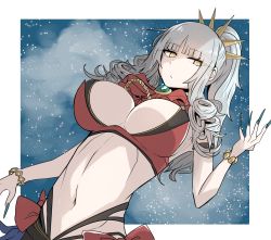 Rule 34 | 1girl, bad id, bad twitter id, bracelet, breasts, bright pupils, carmilla (fate), carmilla (summertime mistress) (fate), curly hair, fate/grand order, fate (series), fingernails, gin moku, green nails, grey hair, highres, jewelry, large breasts, nail polish, navel, ponytail, sharp fingernails, solo, swimsuit, white pupils, yellow eyes