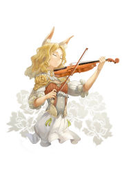 Rule 34 | 1girl, absurdres, animal ears, blonde hair, bow (music), closed eyes, floral print, flower, frills, green ribbon, highres, holding, holding instrument, holding violin, instrument, landuo niangao, original, puffy short sleeves, puffy sleeves, ribbon, rose, short sleeves, simple background, skirt, smile, solo, violin, white background, white skirt