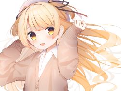 Rule 34 | 1girl, arms up, bad id, bad pixiv id, black ribbon, blonde hair, blush, brown sweater, buttons, commentary request, facing viewer, koori, long hair, looking to the side, original, ribbon, shirt, sidelocks, simple background, sleeves past wrists, solo, sweater, upper body, white background, white headwear, white shirt, yellow eyes