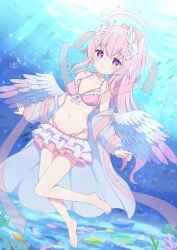 Rule 34 | 1girl, bare shoulders, barefoot, bikini, bikini skirt, blush, bow, caustics, closed mouth, collarbone, commission, coral, feathered wings, fish, frilled bikini, frills, full body, gradient wings, hair between eyes, hair bow, halo, head wings, highleg, highleg bikini, highres, knees together feet apart, long sleeves, looking at viewer, low wings, multicolored wings, navel, off shoulder, original, pink bikini, pink bow, pink hair, pink wings, ponytail, purple eyes, raised eyebrows, shirt, shirt partially removed, sidelocks, skeb commission, skirt, smile, solo, stomach, sunlight, swimsuit, tropical fish, tyomimas, underwater, variant set, water drop, white shirt, white skirt, white wings, wings