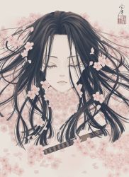 Rule 34 | 1boy, androgynous, artist name, black hair, cherry blossoms, closed mouth, commentary, expressionless, eyelashes, closed eyes, facing viewer, floating hair, flower, flute, forehead, heike monogatari, highres, instrument, long hair, male focus, original, parted hair, petals, pink flower, portrait, seal impression, signature, solo, ushiyama ame, white background