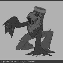 Rule 34 | absurdres, artist name, button eyes, buttons, copyright request, grey background, greyscale, hand up, highres, joaowbenfica, long sleeves, monochrome, on one knee, open mouth, pants, scarecrow, shirt, shoes, simple background, torn clothes, torn pants, torn shirt, watermark, web address