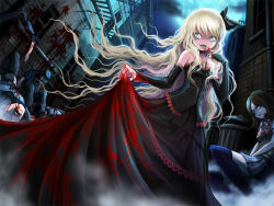 Rule 34 | 1girl, bare shoulders, blonde hair, blood, blood on clothes, blue eyes, building, clothes lift, corpse, death, death-colle, detached sleeves, dress, dress lift, dutch angle, elbow gloves, fang, fangs, finger to mouth, full moon, gloves, gothic lolita, guard, licking, lolita fashion, long hair, moon, night, night sky, open mouth, original, school uniform, skirt, skirt lift, sky, smile, solo, tongue, trash can, ume (illegal bible), uniform, vampire, very long hair