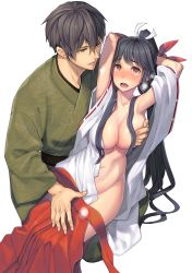 Rule 34 | 1boy, 1girl, arms up, black hair, blush, grabbing another&#039;s breast, breasts, brown eyes, grabbing, groin, hakama, hakama skirt, hetero, highres, huge breasts, japanese clothes, long hair, looking at viewer, miko, navel, ookami ryousuke, open clothes, open mouth, original, red hakama, ribbon-trimmed sleeves, ribbon trim, saliva, saliva trail, short hair, skirt, smile, solo focus, tears, undressing