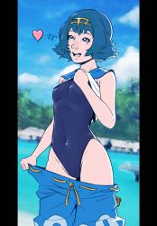 Rule 34 | 1girl, blue eyes, blue hair, blue sailor collar, breasts, clothes pull, covered navel, creatures (company), dave cheung, game freak, hairband, heart, highres, lana (pokemon), nintendo, nose, one-piece swimsuit, pants, pants pull, pokemon, pokemon sm, sailor collar, short hair, small breasts, solo, swimsuit, swimsuit under clothes, trial captain, undressing