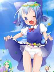 Rule 34 | 3girls, black dress, blonde hair, blue dress, blue eyes, blue hair, blue sky, bow, bow panties, cirno, clothes lift, cloud, daiyousei, day, dress, dress lift, embarrassed, fairy wings, fang, flower, flower wreath, green eyes, green hair, hair bow, hair flower, hair ornament, hair ribbon, highres, ice, ice wings, long sleeves, looking at viewer, makuran, multiple girls, one eye closed, open mouth, outstretched arms, panties, pantyshot, puffy sleeves, ribbon, rumia, shirt, short sleeves, side ponytail, skirt basket, sky, smile, standing, sun, touhou, underwear, upskirt, white panties, wings, wink, | |