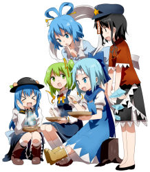 Rule 34 | &gt; &lt;, 5girls, bandages, beret, black hair, blue dress, blue eyes, blue hair, boots, bow, bowl, child, cirno, closed eyes, daiyousei, dress, drooling, eating, fang, finger to mouth, food, fruit, gotyou, green eyes, green hair, hair bow, hair ornament, hair ribbon, hair rings, hair stick, hand on own cheek, hand on own face, hat, hinanawi tenshi, holding, holding spoon, ice, ice wings, kaku seiga, lace, long hair, long sleeves, miyako yoshika, multiple girls, ofuda, open mouth, peach, ribbon, scarf, shawl, short hair, side ponytail, simple background, sitting, skirt, smile, soup, spoon, squatting, star (symbol), stew, touhou, tree stump, vest, white background, white legwear, wings