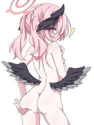 Rule 34 | !, 1girl, absurdres, ass, back, bar censor, black wings, blue archive, blush, breasts, censored, closed mouth, commentary request, completely nude, cowboy shot, feathered wings, from behind, halo, head wings, highres, koharu (blue archive), looking at viewer, looking back, low wings, mangyu0111, medium hair, nipples, nude, pink eyes, pink hair, pink halo, revision, simple background, small breasts, solo, twintails, white background, wings