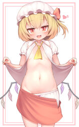 Rule 34 | 1girl, ascot, blonde hair, bloomers, bloomers pull, blush, clothes lift, clothes pull, collared shirt, commentary request, fang, flandre scarlet, frilled shirt collar, frills, half-closed eyes, harunoha, hat, hat ribbon, heart, highres, lifting own clothes, looking at viewer, mob cap, navel, one side up, open mouth, puffy short sleeves, puffy sleeves, red eyes, red skirt, ribbon, shirt, shirt lift, short hair, short sleeves, skin fang, skirt, skirt pull, smug, solo, stomach, touhou, underwear, yellow ascot